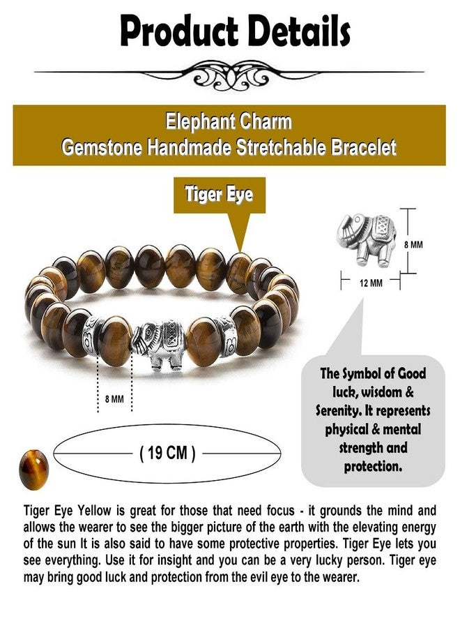 EDMIRIA Natural Semi Precious Stones Lucky Fortune Elephant Charm Positive Energy 7 Chakra 8mm Gemstones Beads Elastic Stretchable Bracelet for Men & Women (Tiger Eye) - Image 5