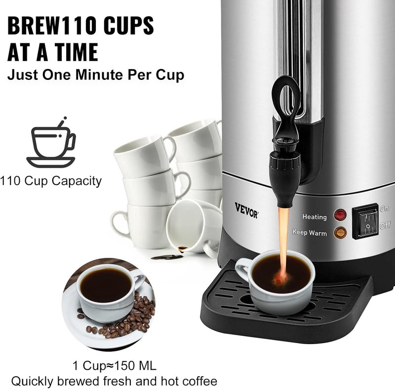 VEVOR Commercial Coffee Urn, 110Cups/16.5L Stainless Steel Large Coffee Dispenser, 1500W 110V Electric Coffee Maker Urn For Quick Brewing, Hot Water Urn for Easy Cleaning - Image 3