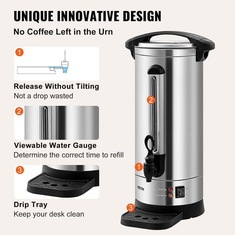 VEVOR Commercial Coffee Urn, 110Cups/16.5L Stainless Steel Large Coffee Dispenser, 1500W 110V Electric Coffee Maker Urn For Quick Brewing, Hot Water Urn for Easy Cleaning - Image 5