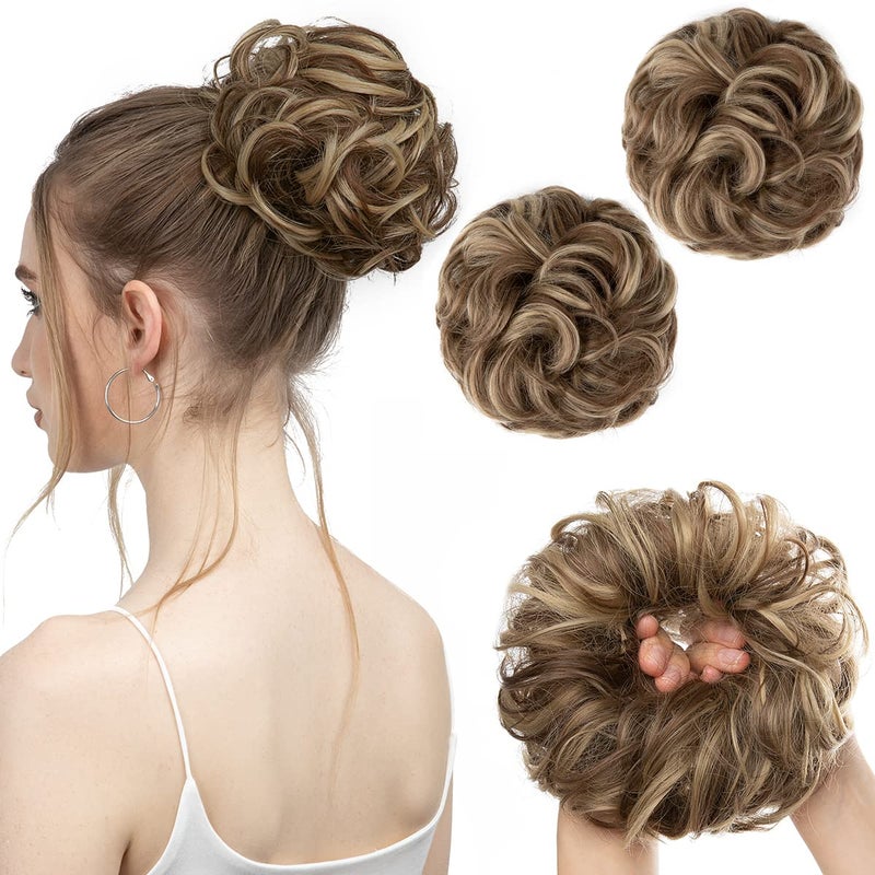 SARLA 2PCS Messy Hair Bun Hair Pieces Wavy Curly Synthetic Updo Fake Scrunchies Ponytail Extension for Women BrunetteAsh Blonde Highlight