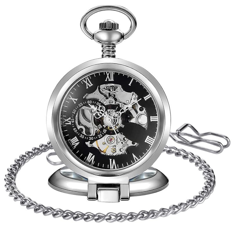 Whodoit Stainless Steel Men Fashion Leisure Pocket Watch Dial Silver Mechanical Mens Fob Chain Watch - Image 2