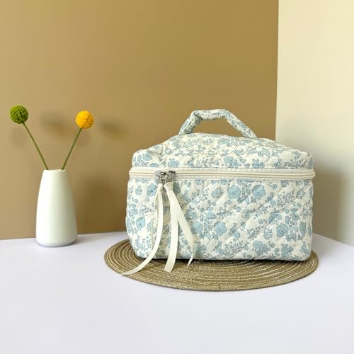 Sminra Makeup Bag Large Travel Quilted Cosmetic Makeup Bag Organizer Floral Cotton Coquette Aesthetic Toiletry Bag for Women Girls Blue FloralL - Image 3