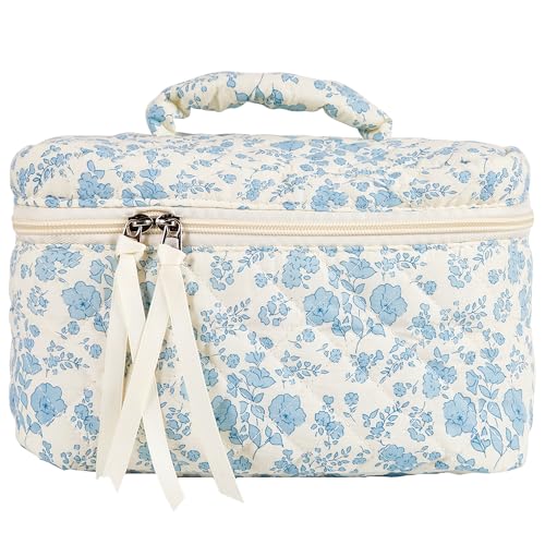 Sminra Makeup Bag Large Travel Quilted Cosmetic Makeup Bag Organizer Floral Cotton Coquette Aesthetic Toiletry Bag for Women Girls Blue FloralL - Image 1