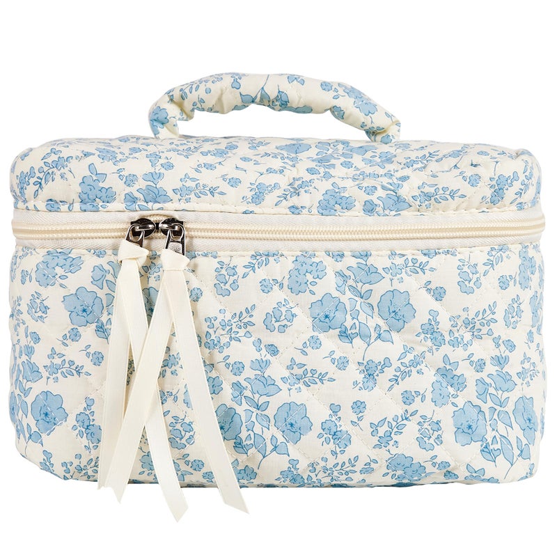 Sminra Makeup Bag Large Travel Quilted Cosmetic Makeup Bag Organizer Floral Cotton Coquette Aesthetic Toiletry Bag for Women Girls Blue FloralL - Image 2