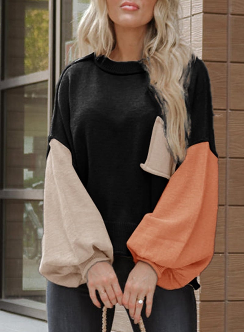 Dokotoo Christmas Sweaters Black Womens Sweaters for Women Color Block Crewneck Winter 2025 Fashion Trendy Lightweight Sweaters Tops Long Sleeve Casual Ribbed Hem Knitwear Lantern Pullover Sweater - Image 2