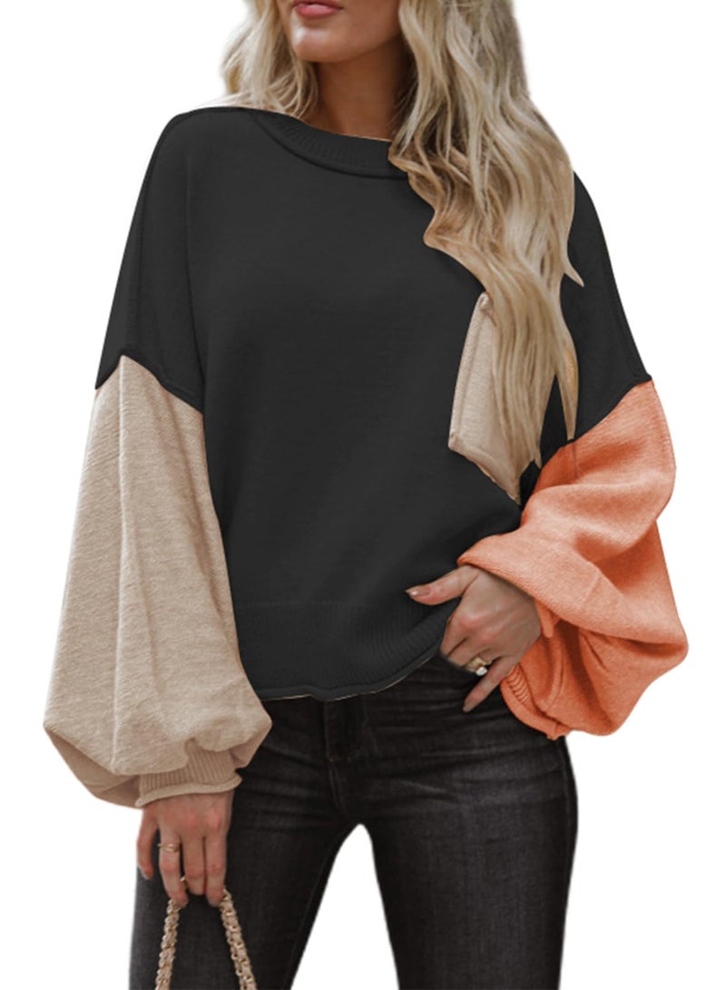 Dokotoo Christmas Sweaters Black Womens Sweaters for Women Color Block Crewneck Winter 2025 Fashion Trendy Lightweight Sweaters Tops Long Sleeve Casual Ribbed Hem Knitwear Lantern Pullover Sweater - Image 1