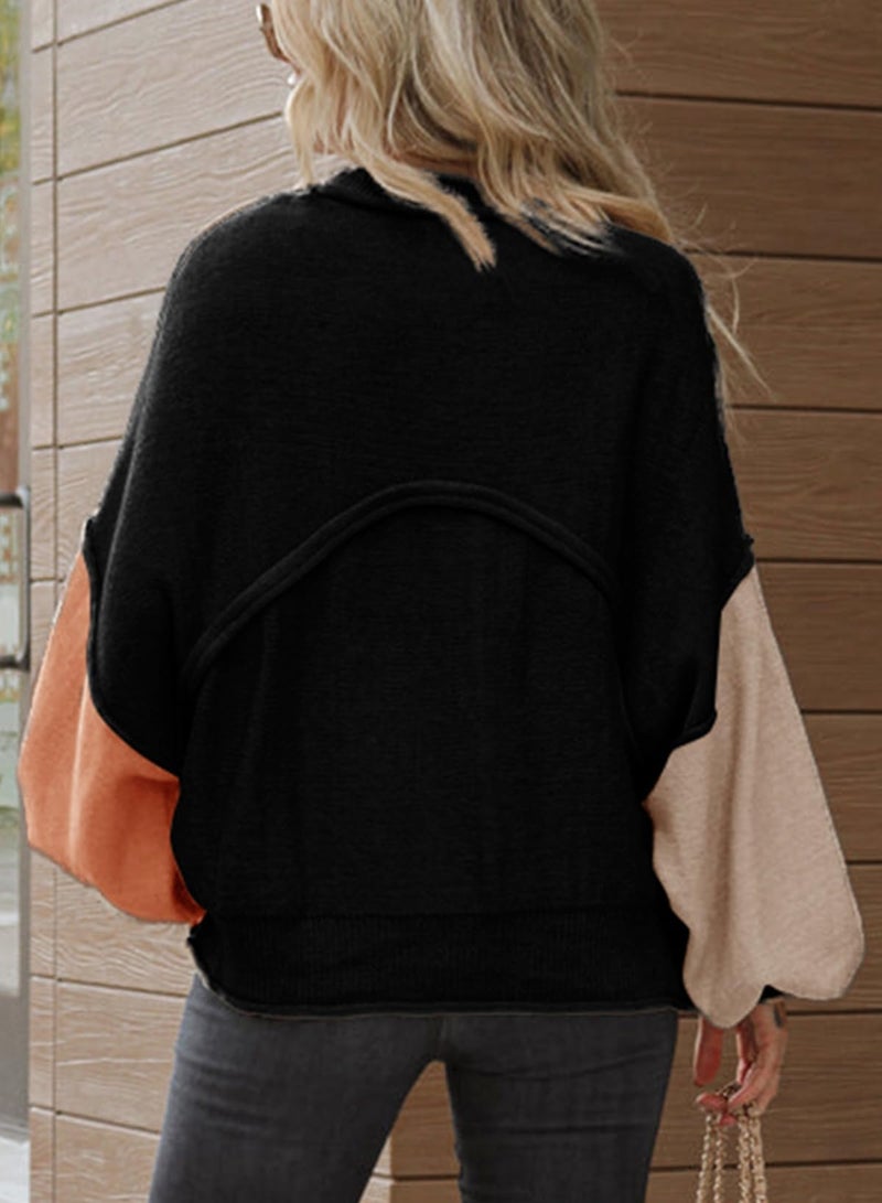 Dokotoo Christmas Sweaters Black Womens Sweaters for Women Color Block Crewneck Winter 2025 Fashion Trendy Lightweight Sweaters Tops Long Sleeve Casual Ribbed Hem Knitwear Lantern Pullover Sweater - Image 3