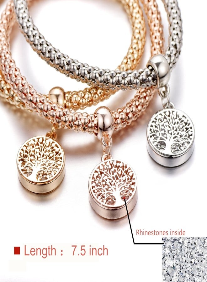 SILANER Crystal Charms Multilayer Bracelets - 3PCS Gold/Silver/Rose Gold Corn Chain Bracelet for Women, Tree of Life Heart Shaped Stretch Bracelet(TREE OF LIFE HEART EDITION CHARM) - Image 4