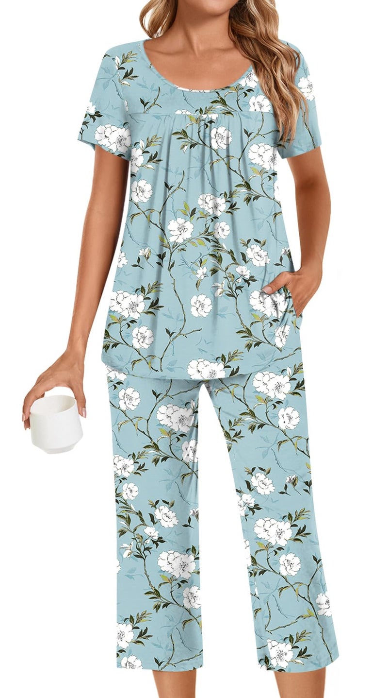 POPYOUNG Womens Pajama Sets Summer Ladies Pjs 2 Piece Loungewear Capri with Pockets Sleepwear XL, Begonia flower - Image 1