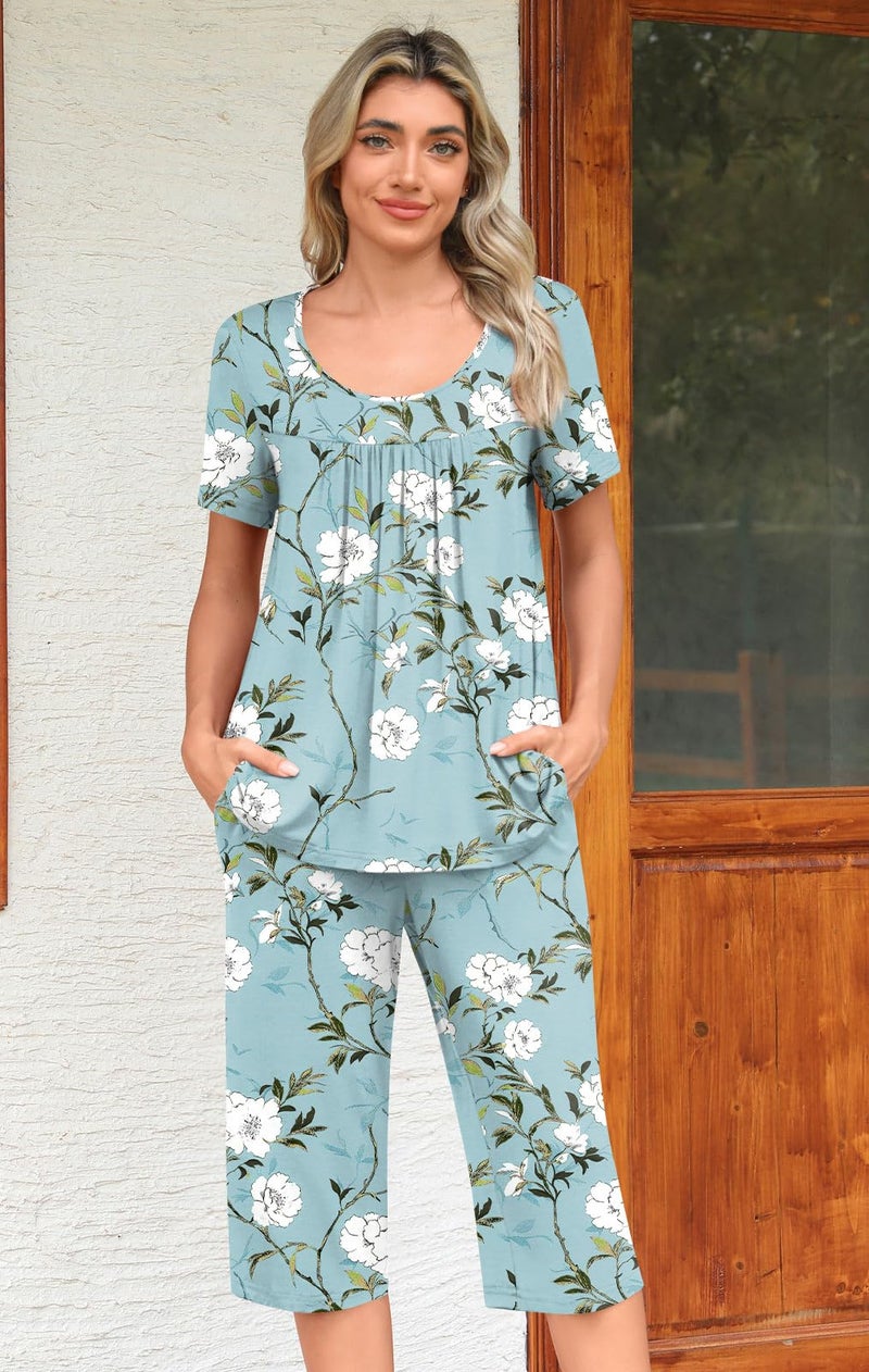 POPYOUNG Womens Pajama Sets Summer Ladies Pjs 2 Piece Loungewear Capri with Pockets Sleepwear XL, Begonia flower - Image 2
