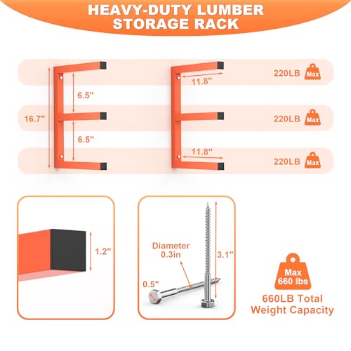 Ultrawall Lumber Storage Rack Wall Mount Wood Storage Racks Metal Wood Organizer Racks for Shed Workshop Garage Holds Up 220 LBS Per Level Pack of 2 Orange - Image 3