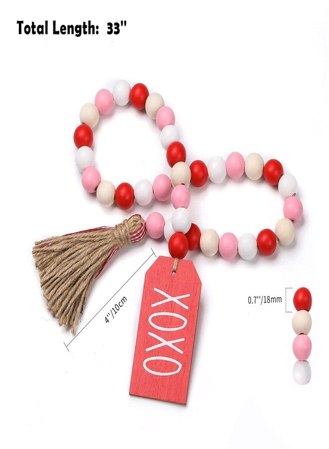 زينة عيد الحب الخشبية المزينة بالخرز والشرابات و XOXO، صينية ريفية متعددة الطبقات، ديكورات زفاف، ديكور منزلي (أحمر وأبيض XOXO) - Image 2