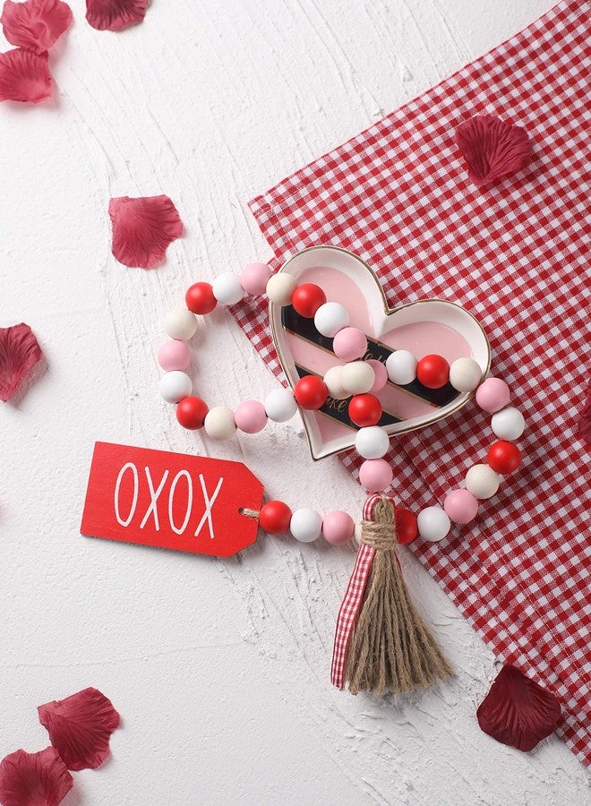 زينة عيد الحب الخشبية المزينة بالخرز والشرابات و XOXO، صينية ريفية متعددة الطبقات، ديكورات زفاف، ديكور منزلي (أحمر وأبيض XOXO) - Image 3