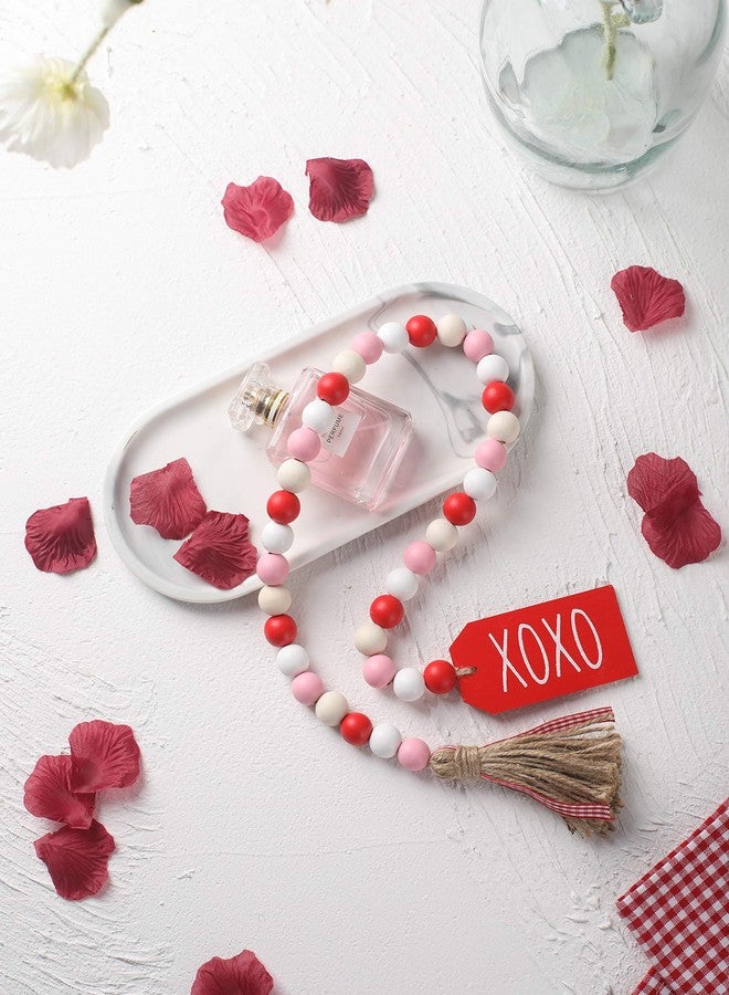 زينة عيد الحب الخشبية المزينة بالخرز والشرابات و XOXO، صينية ريفية متعددة الطبقات، ديكورات زفاف، ديكور منزلي (أحمر وأبيض XOXO) - Image 4