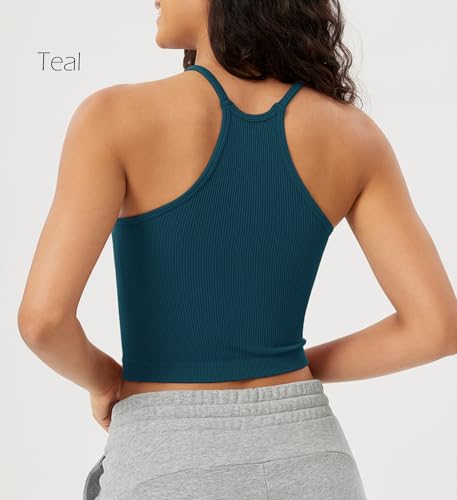 ODODOS Women's Crop Camisole 3-Pack Seamless Rib-Knit Crop Tank Tops, Long Crop, Beige Coral Teal, X-Small/Small - Image 4