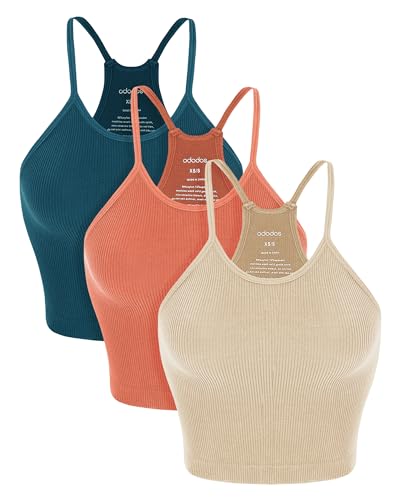 ODODOS Women's Crop Camisole 3-Pack Seamless Rib-Knit Crop Tank Tops, Long Crop, Beige Coral Teal, X-Small/Small - Image 1