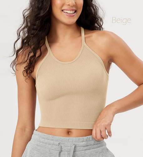 ODODOS Women's Crop Camisole 3-Pack Seamless Rib-Knit Crop Tank Tops, Long Crop, Beige Coral Teal, X-Small/Small - Image 2