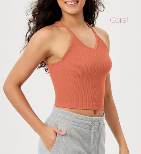 ODODOS Women's Crop Camisole 3-Pack Seamless Rib-Knit Crop Tank Tops, Long Crop, Beige Coral Teal, X-Small/Small - Image 3