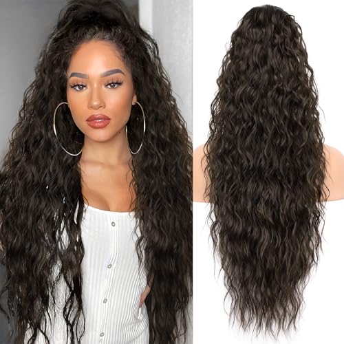 KooKaStyle 30 Inch Drawstring Ponytail Extension for Women 160g Extra Full Long Curly Synthetic Hairpiece Heat Resistant Dark Mocha Brown Secure with 2 Combs Perfect for Holiday Party Gift - Image 1
