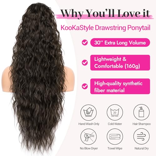 KooKaStyle 30 Inch Drawstring Ponytail Extension for Women 160g Extra Full Long Curly Synthetic Hairpiece Heat Resistant Dark Mocha Brown Secure with 2 Combs Perfect for Holiday Party Gift - Image 3