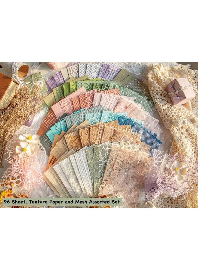 ARTSMONA 96 Sheets Textured Scrapbook Paper and Mesh Fabric Assorted Set - 6 Pack Mixed Special Paper for Scrapbooking Planner Bullet Junk Journal Supplies Mixed Media Collage Card Embellishments 3.9x5.5 Inch - Image 2