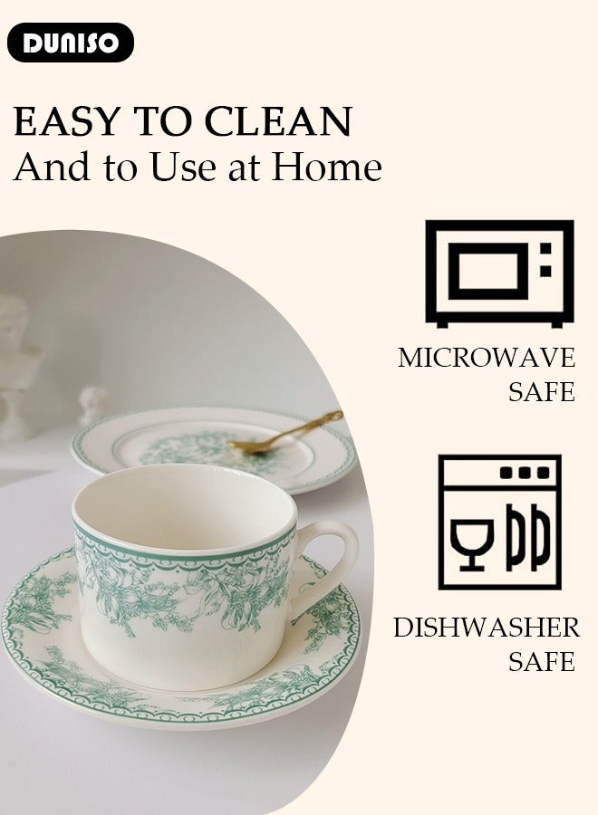 DUNISO طقم أكواب شرب الشاي والصحون الخزفية، طقم شاي Porcelain لحفلة الشاي، أكواب لاتيه وكوب إسبريسو لمشروبات القهوة والشاي، طقم صحون للمطبخ وغرفة المعيشة، كوب قهوة خزفي للمكتب والمنزل - Image 3