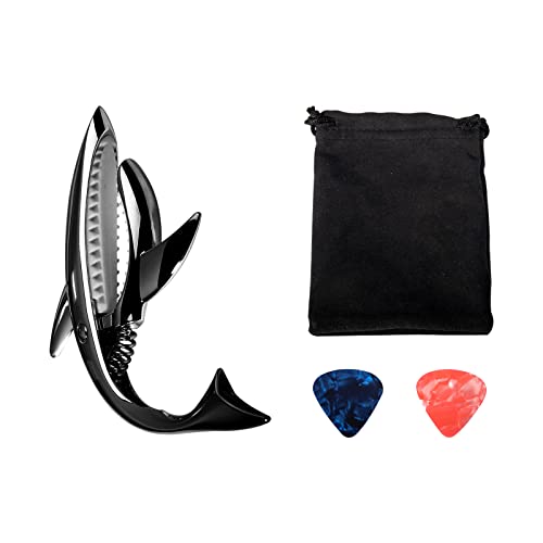 Cheerock Shark Capo, Zinc Alloy Guitar Capo with 2x0.71mm Picks & Pouch for Acoustic/Electric/Ukulele/Bass/Mandolin (Black Gift) - Image 1