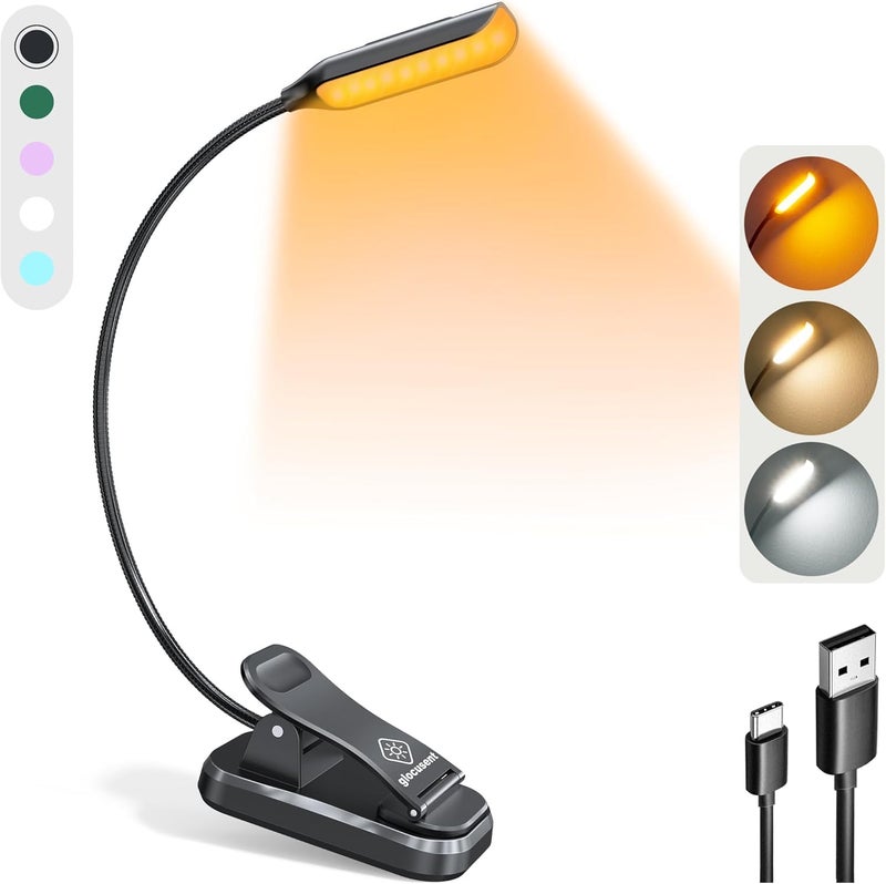 Glocusent Lightweight Rechargeable 10 Led Amber Book Light For Reading In Bed ClipOn Eyecare Warm Reading Light Up To 80Hrs 3 Brightness Dimmable X 3 Color Modes Perfect For Readers Kids Abs - Image 1