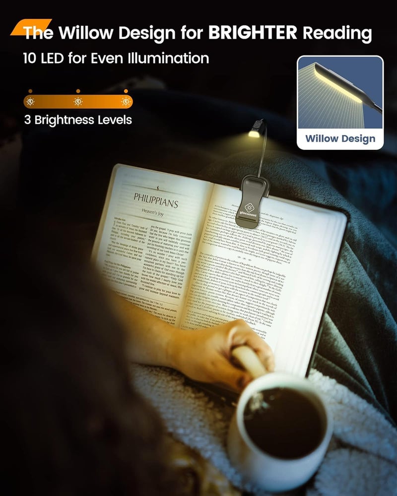 Glocusent Lightweight Rechargeable 10 Led Amber Book Light For Reading In Bed ClipOn Eyecare Warm Reading Light Up To 80Hrs 3 Brightness Dimmable X 3 Color Modes Perfect For Readers Kids Abs - Image 2