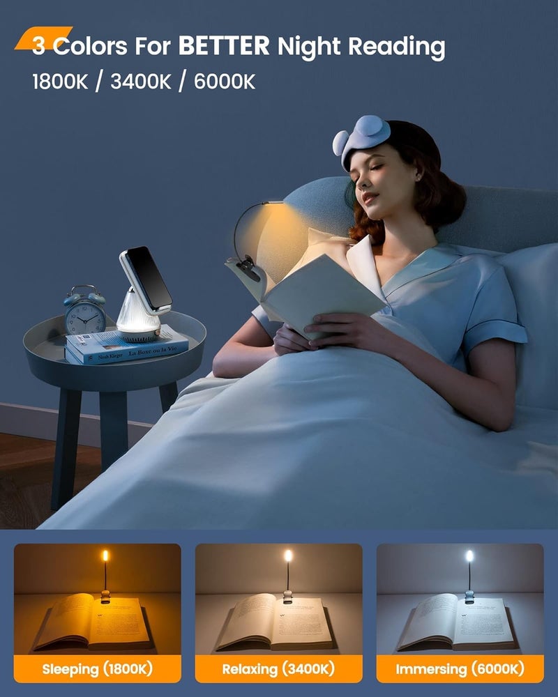 Glocusent Lightweight Rechargeable 10 Led Amber Book Light For Reading In Bed ClipOn Eyecare Warm Reading Light Up To 80Hrs 3 Brightness Dimmable X 3 Color Modes Perfect For Readers Kids Abs - Image 3