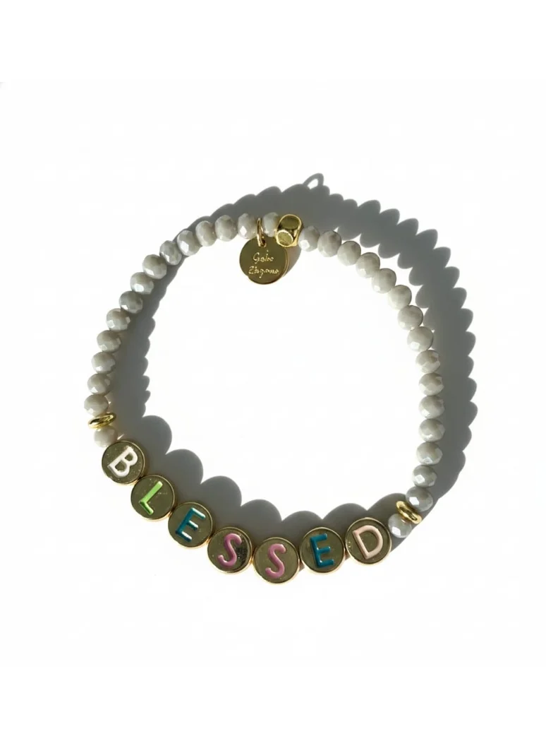 "BLESSED - Beads Bracelet - Handmade bracelet with stainless steel gold beads  Beads - Grey Mist"