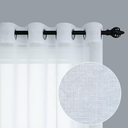 Pitalk White Sheer Curtains 96 Inches Long for Living Room Decor 2 Panels Grommet Faux Linen Light Filtering Voile Sheer Drape Floor Length Curtains for Bedroom Patio Door Picture Window 52x96 Length - Image 1