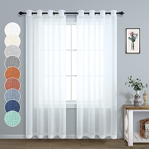 Pitalk White Sheer Curtains 96 Inches Long for Living Room Decor 2 Panels Grommet Faux Linen Light Filtering Voile Sheer Drape Floor Length Curtains for Bedroom Patio Door Picture Window 52x96 Length - Image 2