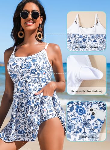 Aleumdr Womens One-Piece Swimdress 2026 Modest Swimsuit with Floral Printed Tummy Control Bathing Suits Push Up Swim Dresses with Pocket Blue Large - Image 5