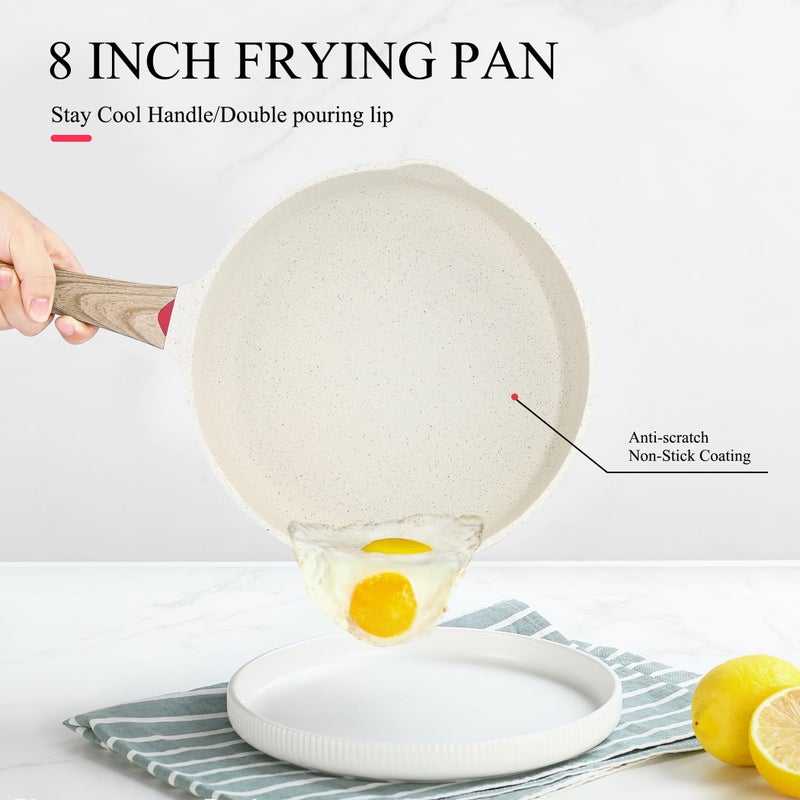 Vinchef 8 Inch White Nonstick Skillet, French Cream Shallow Fry Pan, Induction Compatible, Scratch-Resistant Ceramic Coating - Image 2