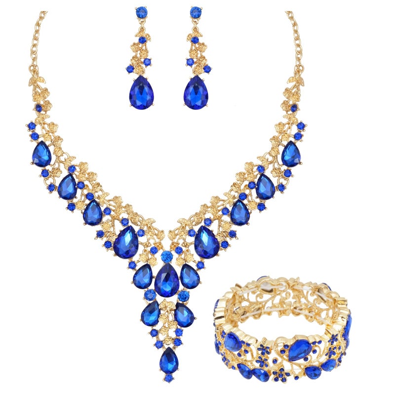 CSY Elegant Crystal Costume Jewelry Sets Flower Bridal Necklace Earrings Stretch Bangle Set for Bride Bridesmaid Wedding Dress Accessories (Sapphire blue-gold tone) - Image 1