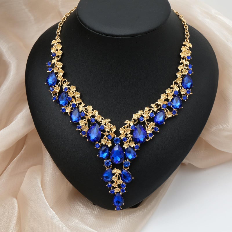 CSY Elegant Crystal Costume Jewelry Sets Flower Bridal Necklace Earrings Stretch Bangle Set for Bride Bridesmaid Wedding Dress Accessories (Sapphire blue-gold tone) - Image 3