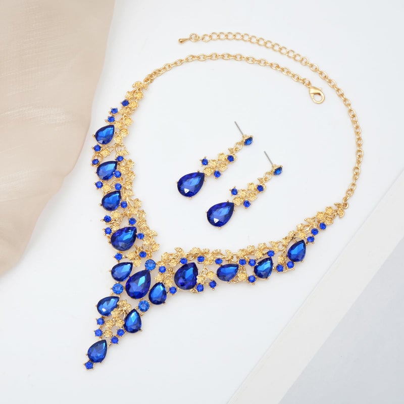 CSY Elegant Crystal Costume Jewelry Sets Flower Bridal Necklace Earrings Stretch Bangle Set for Bride Bridesmaid Wedding Dress Accessories (Sapphire blue-gold tone) - Image 4