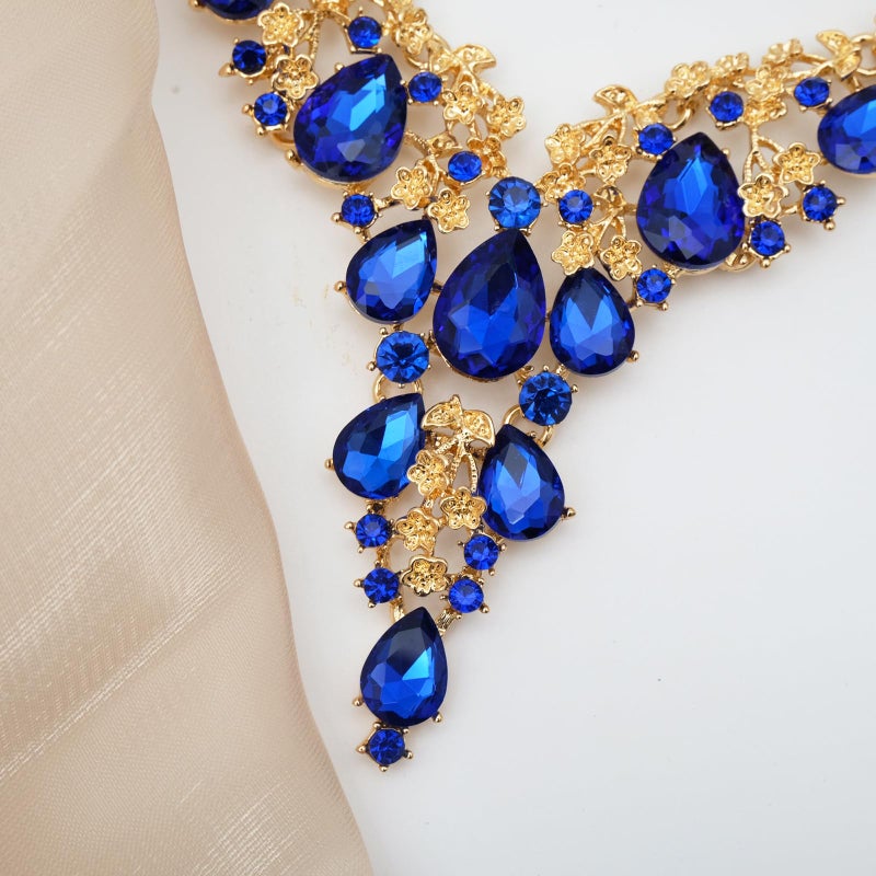 CSY Elegant Crystal Costume Jewelry Sets Flower Bridal Necklace Earrings Stretch Bangle Set for Bride Bridesmaid Wedding Dress Accessories (Sapphire blue-gold tone) - Image 5