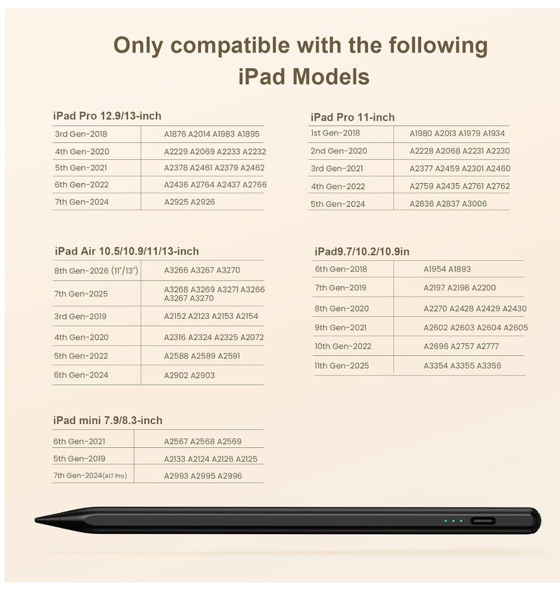 باروكس قلم ايباد ستايلس ذكي (Stylus Pen) متوافق مع جميع أجهزة iPad من 2018 حتى 2026 – يدعم الجيل 11 والحادي عشر وiPad A16 والجيل العاشر والتاسع والثامن والسابع والسادس وiPad Pro وiPad Air وiPad Mini – بخاصية رفض راحة اليد (Palm Rejection) وكتابة دقيقة وسلسة – شحن سريع USB-C خلال 13 دقيقة – بطارية تدوم حتى 14 ساعة – يشمل 2 رؤوس إضافية –لون القلم أسود-يعمل فقط مع الايباد وغير متوافق مع أجهزة أندرويد (لا يدعم هواوي وهونر) - Image 3