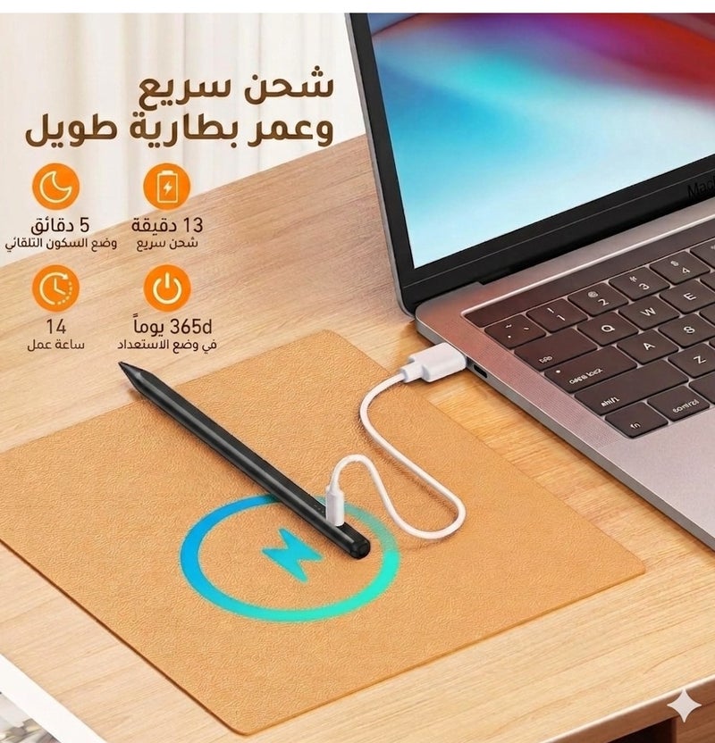 باروكس قلم ايباد ستايلس ذكي (Stylus Pen) متوافق مع جميع أجهزة iPad من 2018 حتى 2026 – يدعم الجيل 11 والحادي عشر وiPad A16 والجيل العاشر والتاسع والثامن والسابع والسادس وiPad Pro وiPad Air وiPad Mini – بخاصية رفض راحة اليد (Palm Rejection) وكتابة دقيقة وسلسة – شحن سريع USB-C خلال 13 دقيقة – بطارية تدوم حتى 14 ساعة – يشمل 2 رؤوس إضافية –لون القلم أسود-يعمل فقط مع الايباد وغير متوافق مع أجهزة أندرويد (لا يدعم هواوي وهونر) - Image 2
