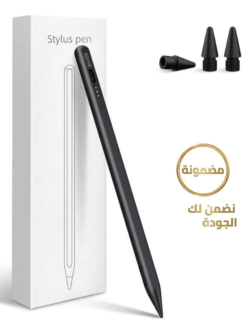 باروكس قلم ايباد ستايلس ذكي (Stylus Pen) متوافق مع جميع أجهزة iPad من 2018 حتى 2026 – يدعم الجيل 11 والحادي عشر وiPad A16 والجيل العاشر والتاسع والثامن والسابع والسادس وiPad Pro وiPad Air وiPad Mini – بخاصية رفض راحة اليد (Palm Rejection) وكتابة دقيقة وسلسة – شحن سريع USB-C خلال 13 دقيقة – بطارية تدوم حتى 14 ساعة – يشمل 2 رؤوس إضافية –لون القلم أسود-يعمل فقط مع الايباد وغير متوافق مع أجهزة أندرويد (لا يدعم هواوي وهونر) - Image 1