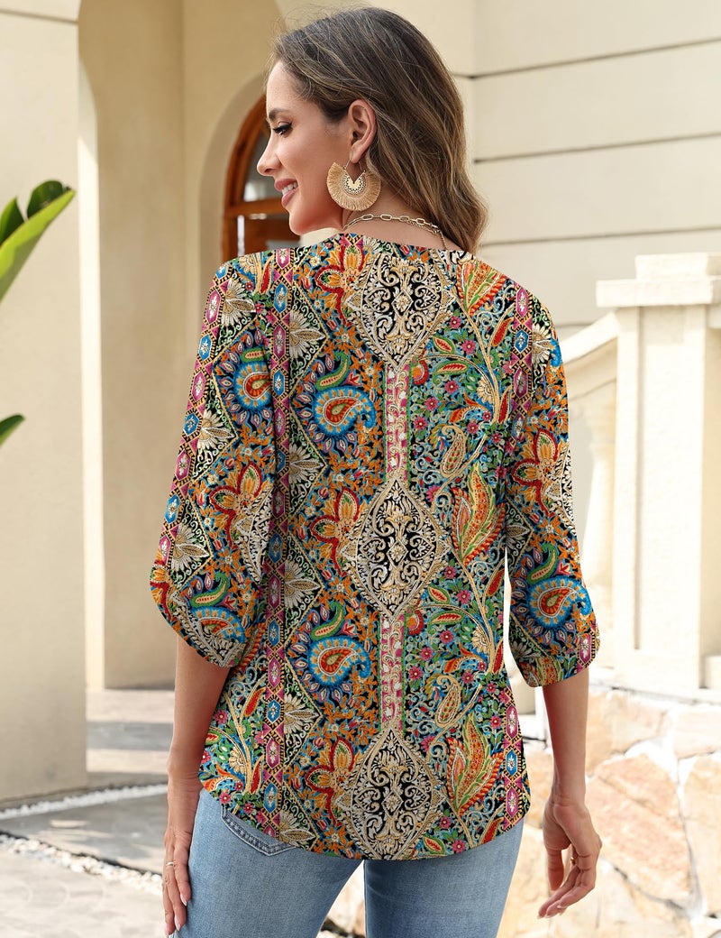 Kistore Boho Tops for Women Going Out 3/4 Sleeve Blouses Dressy Casual V Neck Spring Flowy Shirts Colorful Floral M - Image 4