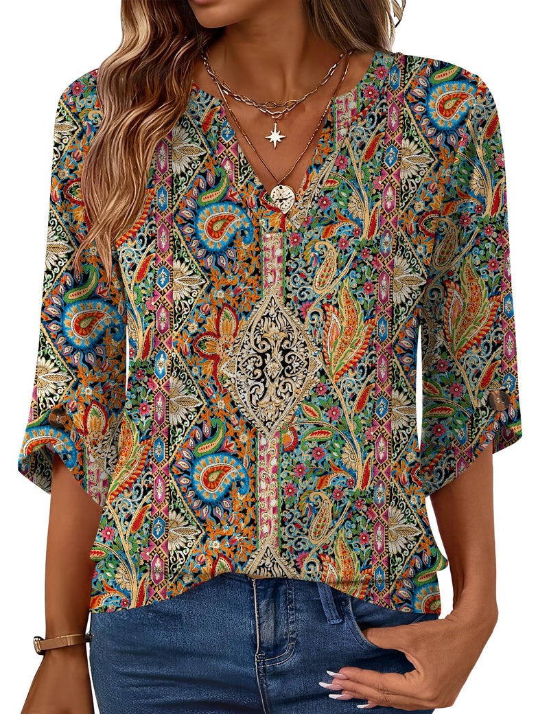 Kistore Boho Tops for Women Going Out 3/4 Sleeve Blouses Dressy Casual V Neck Spring Flowy Shirts Colorful Floral M - Image 1
