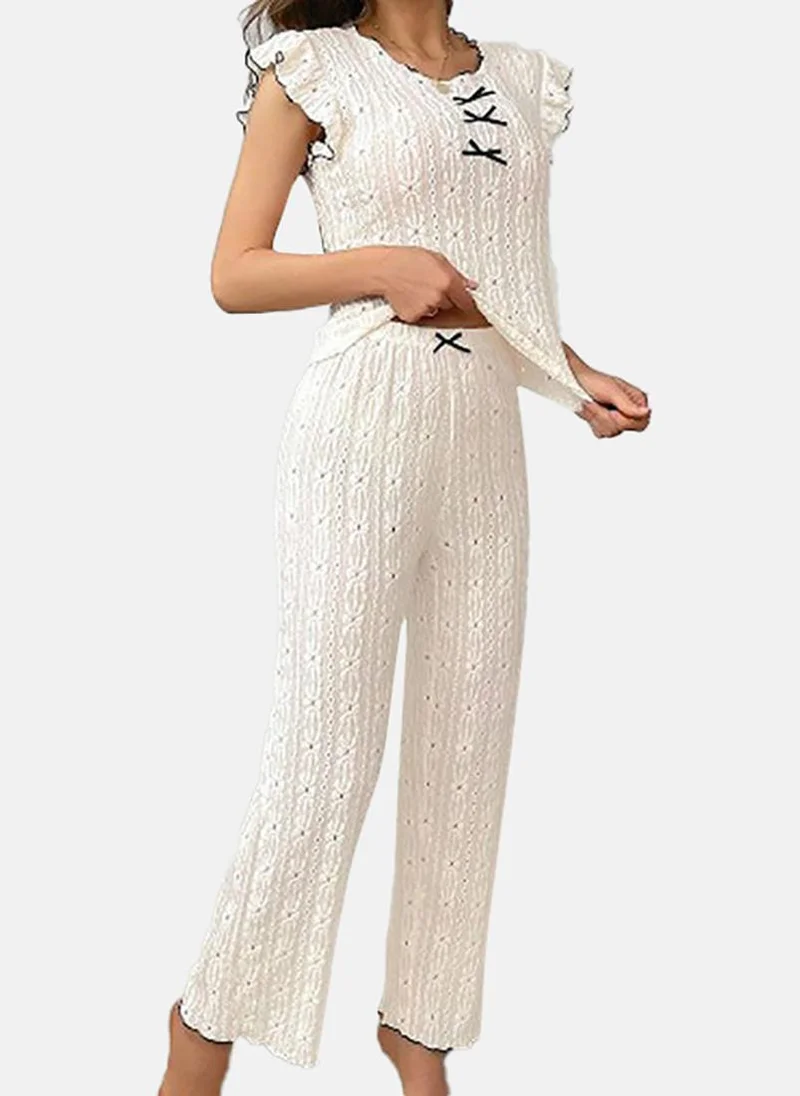 YUNIQEE Off White Self Design Pyjamas & Top