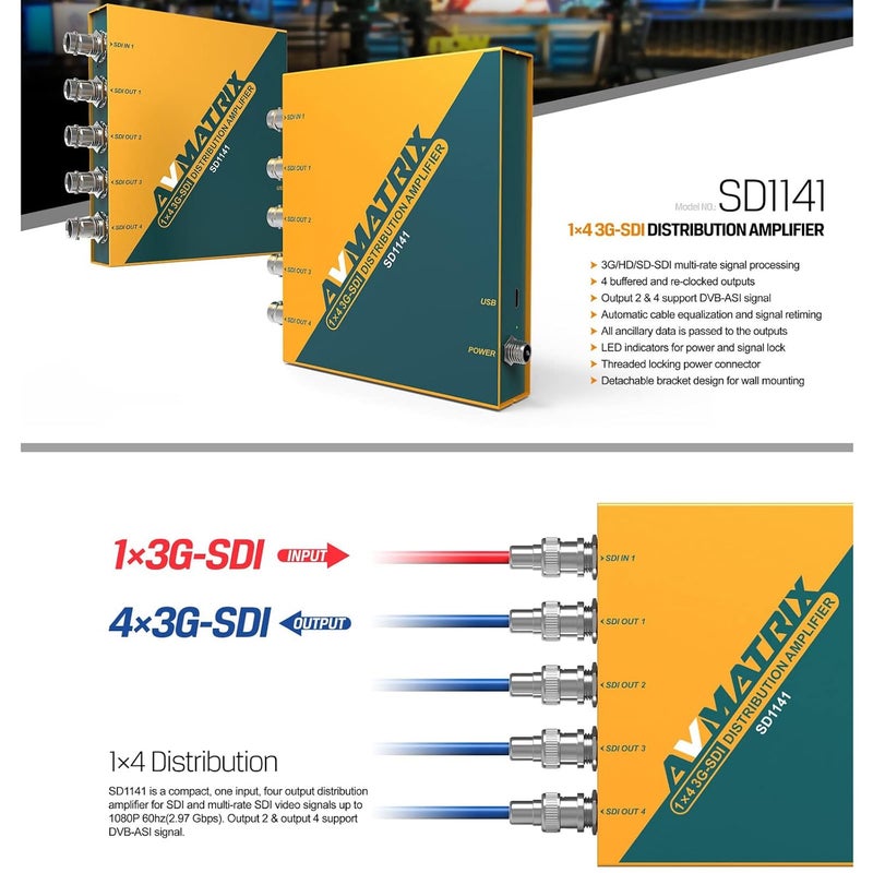 AVMATRIX SD1141 1x4 موزع مضخم توزيع SDI مع كشف الإدخال وإعادة التوقيت ومعادلة الكابل، يدعم HD-SDI/HD-SDI/SDI - Image 4