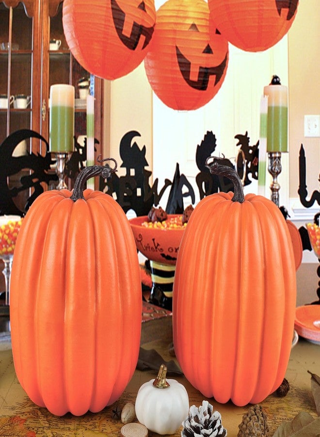 Artmag 8 Inch Large Artificial Pumpkins, 2PCS Big Orange Faux Foam Harvest Pumpkins for Fall Autumn Thanksgiving Seasonal Holiday Decor - Image 3