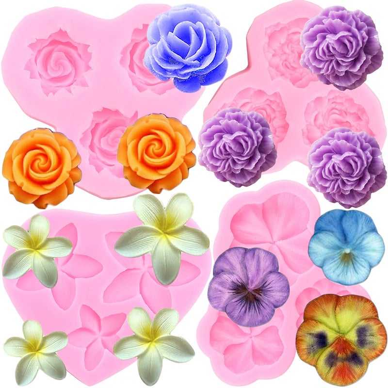 ZiXiang Flower Silicone Molds Plumeria Peony Rose Pansy Fondant Mold For Cake Decorating Cupcake Topper Jelly Candy Polymer Clay Chocolate Gum Paste Set of 4