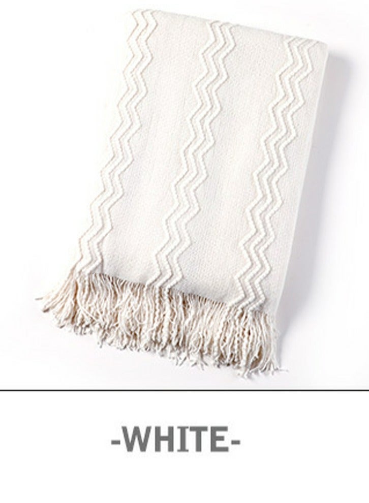 Loquat Solid Color Textured Tassel Design Knitted Soft Throw Blanket White  - Image 2