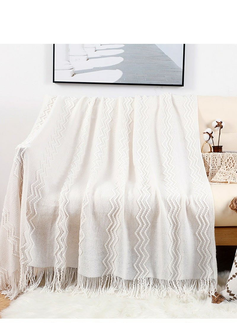 Loquat Solid Color Textured Tassel Design Knitted Soft Throw Blanket White  - Image 1